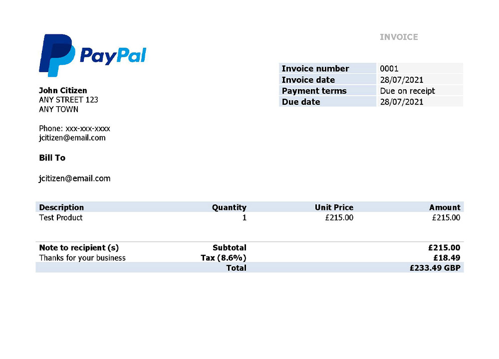 USA PayPal invoice PSD template